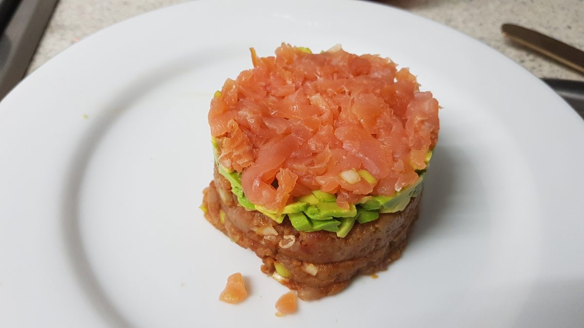 Timbale of Spicy Tuna, Avocado and Smoked Salmon