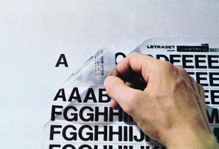Letraset sheet showing how letters are applied to paper to create headings and artwork