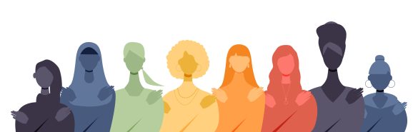Outline image of a row of women of different styles and ethnicity