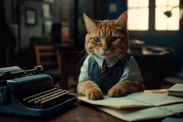 Cat writing at desk with old typewriter next to her